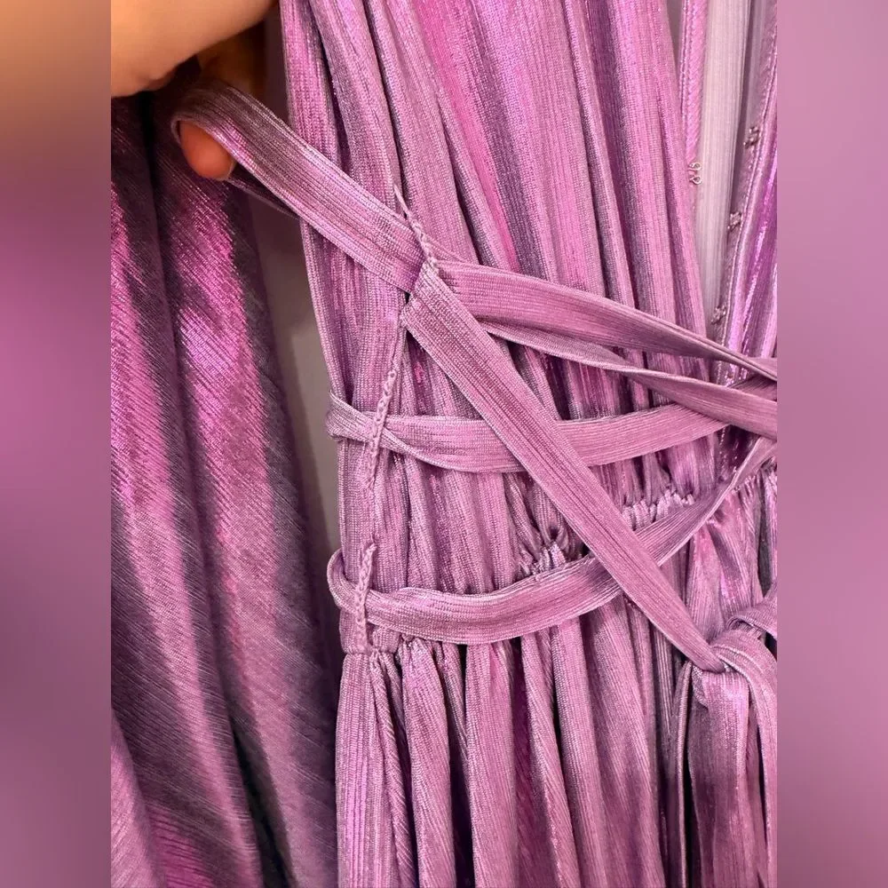 NWOT BRONX AND BANCO Zoe Metallic Blouson-Sleeve Elegant Purple Evening Gown - Picture 7 of 13